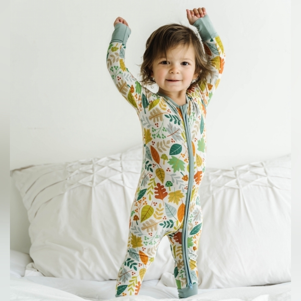 Little Sleepies - Warm Taupe Fall Leaves Bamboo Viscose Zippy